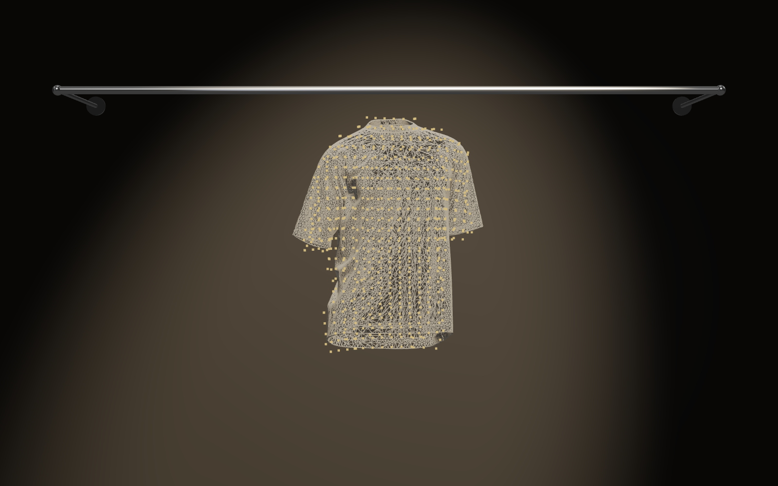 Wireframe of one shirt's cloth lattice: the triangle mesh the physics runs on, hanging from its wooden hanger.